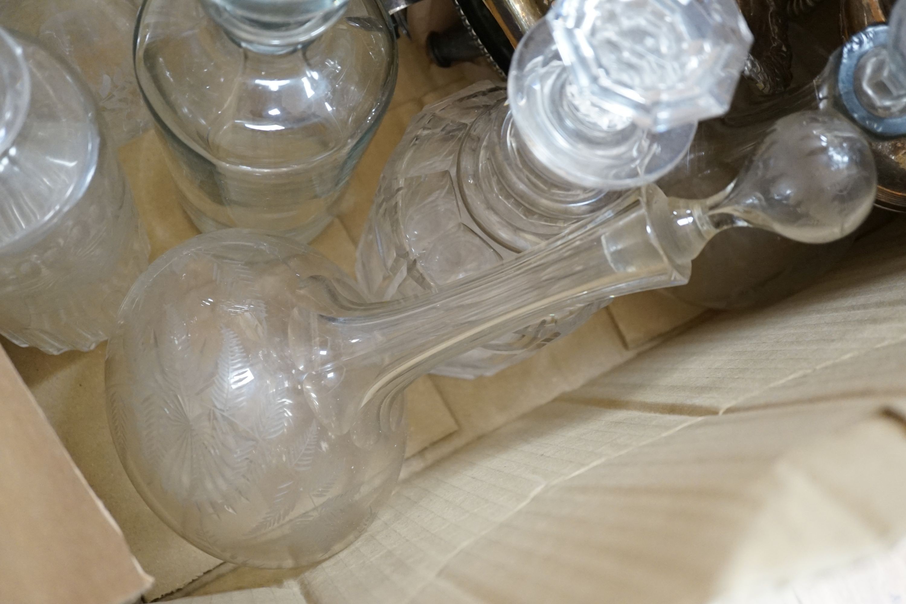 Seven Victorian and later glass decanters and a small quantity of plated ware.